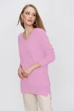 Kadın Pembe V Yaka Salaş Triko Kazak