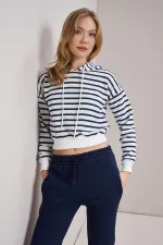 Women's Indigo Three-Thread Striped Hooded Crop Sweatshirt