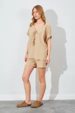 Kadın Vizon Düşük Kol Bağlamalı Bluzlu Şortlu Keten Takım