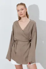 Kadın Toprak Kruvaze Yaka İp Bağlamalı Ceket