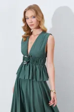 Kadın Haki Kolsuz Beli Gipeli Fiyonk Desenli Bluz