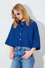 Kadın Lacivert Düşük Kol Çımalı Crop Poplin Gömlek