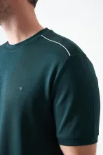 Erkek Nefti-Yeşil Bisiklet Yaka Omuz Kalın Şerit Detaylı Tişört