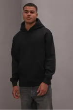 Men's Black Hooded Three-Thread Basic Sweatshirt
