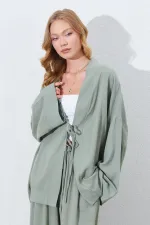 Kadın Haki Önü İp Bağlamalı Kimone Ceket