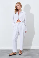 Kadın Naturel Beli Lastikli Havuç Kesim Keten Pantolon