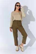 Kadın Haki Beli Düğmeli Çift Dikişli Pantolon