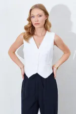 Kadın Ekru Fleto Cepli Arkası Gipeli Yelek