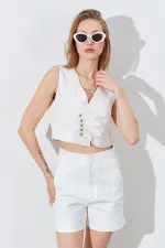 Kadın Beyaz Yanı Drapeli Gold Düğmeli Yelek