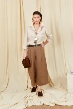 Women's Coffee Brown Belt Detail Double Pleated Bemuda Linen Trousers