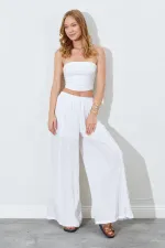 Kadın Ekru Beli Lastikli Bol Paça Kırışık Pantolon