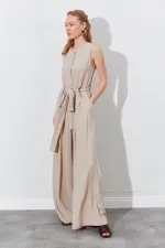 Kadın Koyu Bej Kolsuz Kuşak Bağlamalı Double Paça Tulum