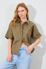 Kadın Haki Düşük Kol Tek Cepli Gömlek