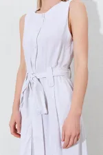 Kadın Naturel Kolsuz Kuşak Bağlamalı Double Paça Tulum