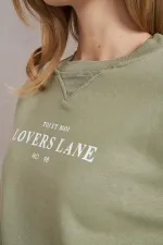 Women's Olive Crew Neck Lovers Lane Print Three-Thread Crop Sweatshirt