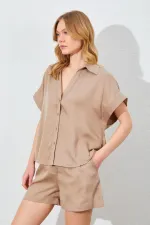 Kadın Vizon Oversize Düşük Kol Gömlek Şortlu Takım