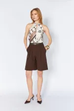 Kadın Kahve 2037 Tek Pileli Kemerli Bermuda Şort