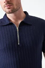 Erkek Lacivert Ayaklı Yaka Fermuarlı Ağır Jakar Tişört