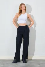 Kadın Siyah Yan Düğmeli Poliviskon Pantolon