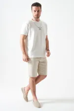 Erkek Ekru Bisiklet Yaka CASUAL  Baskılı Modal Tişört