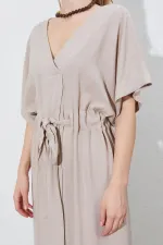 Kadın Koyu Bej Düşük Kol Beli Tünel Kemerli Keten Uzun Elbise