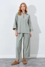 Kadın Çağla Derin V Yakalı Dirsek Kol Salaş Gömlek