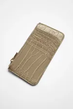 Porte-cartes beige à fermeture éclair pour femme, motif crocodile