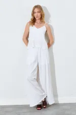 Kadın Ekru İp Askılı Kısa Pantolonlu Kırışık Takım