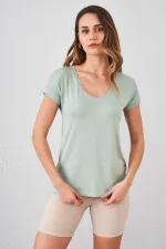 Women's Light Green V-Neck Loose Fit T-Shirt