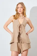 Kadın Vizon Önü İp Bağlamalı Müslin Kumaş Bluzlu Şortlu Takım