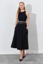 Kadın Siyah Palaska Kemerli Önü Cepli Gabardin Etek