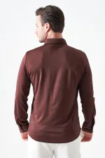 Erkek Kahve Uzun Kol Ripaş Dalgıç Slim Fit Gömlek