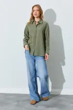 Kadın Haki Krınkıl Oversize Gömlek