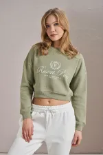 Women's Olive Resort Paris Print Three-Thread Crop Sweatshirt