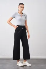 Kadın Siyah Beli Bağlamalı Geniş Piş Dikişli Paça Pantolon