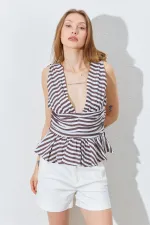 Kadın Kahve Önü Arkası V Beli Drapeli Peplum Bluz