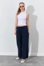 Women's Navy Blue Linen Wide Leg Trousers with Drawstring Waist and Side Pockets