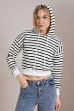 Women's Black Three-Thread Striped Hooded Crop Sweatshirt