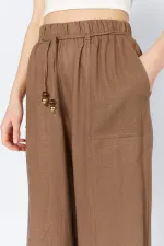 Kadın Kahverengi Bol Paça Dışarıdan Cepli Keten Pantolon