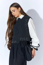 Kadın Antrasit Bisiklet Yaka Desenli Triko Süveter