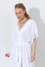 Kadın Beyaz Düşük Kol Beli Tünel Kemerli Keten Uzun Elbise