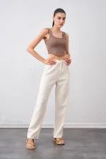 Kadın Naturel Bel Bağlamalı Bağcıklı Keten Pantolon