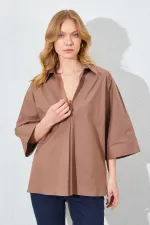 Kadın Kahve Düşük Kol Önü Patlı Salaş Kesim Gömlek