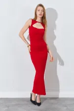 Kadın Kırmızı Önü Pencere Detaylı Elbise