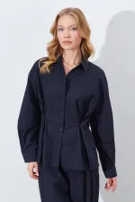 Kadın Siyah Bel Oturtmalı Bel Düğme Detaylı Gömlek