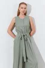 Kadın Haki Kolsuz Kuşak Bağlamalı Double Paça Tulum