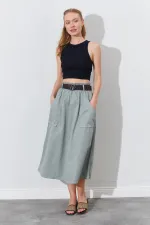 Kadın Haki Palaska Kemerli Önü Cepli Gabardin Etek