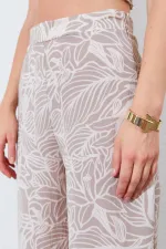 Kadın Vizon Croplu-Palozzo Pantolonlu Desenli Takım