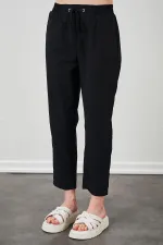 Kadın Siyah Beli Bağlamalı Havuç Paça Poplin Pantolon