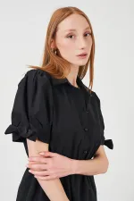 Kadın Siyah Kolları Bağlamalı Poplin Elbise